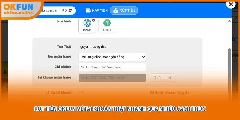 Rút tiền OKFUN về tài khoản thật nhanh qua nhiều cách thức